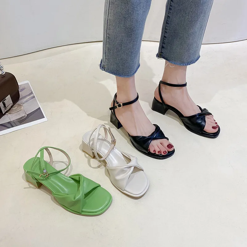 

Женские сандалии на среднем каблуке, женские летние сандалии-гладиаторы на высоком среднем каблуке для девушек, новая модная обувь в ретро ...