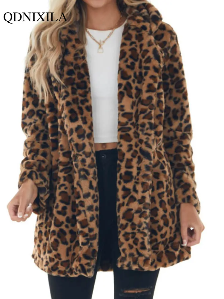 2022 Autumer Winter Coat Women Leopard Print Cardigan Jacket Coat Leather Fur Outfits Female Clothing Warm Furry Blouse Outwear