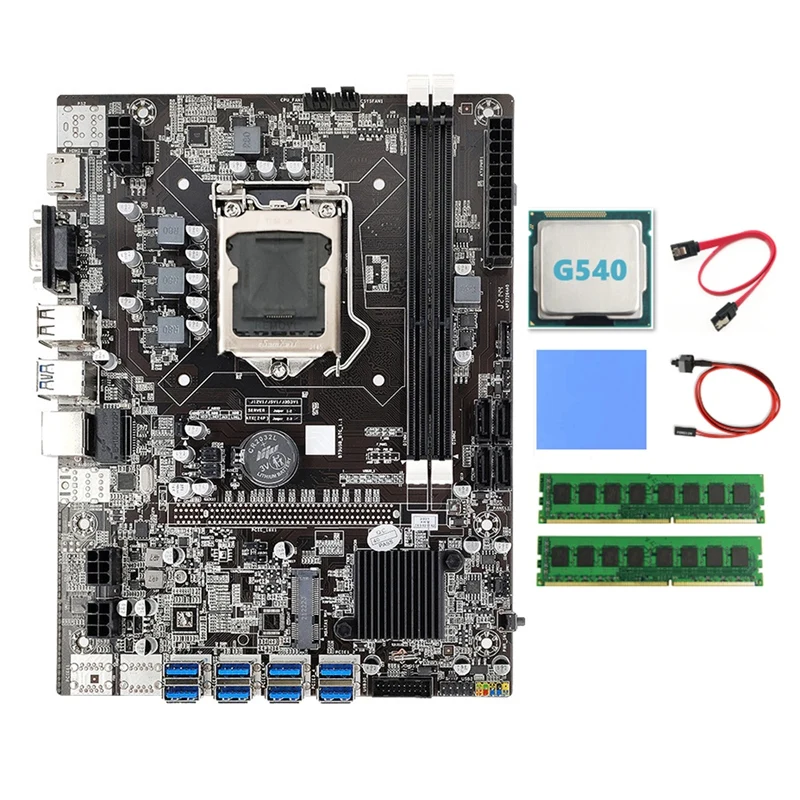 

B75 BTC Miner Motherboard 8XUSB+G540 CPU+2XDDR3 4G 1600Mhz RAM+SATA Cable+Switch Cable+Thermal Pad B75 USB Motherboard