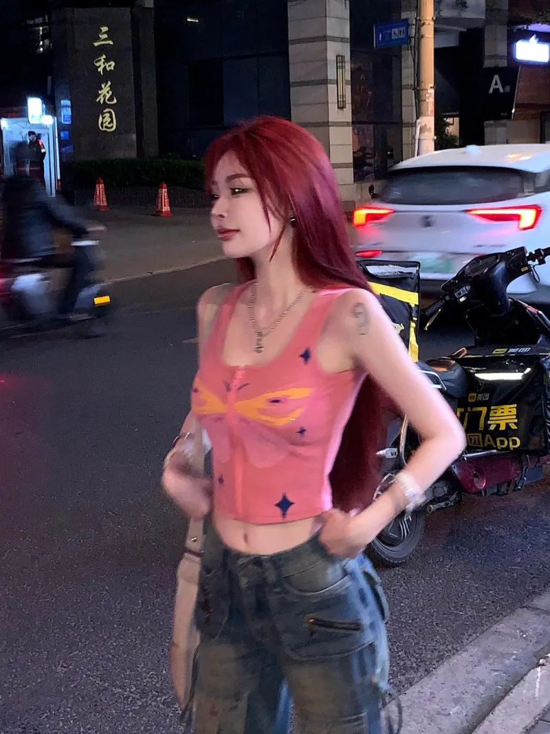 

Женский жилет с принтом в виде бабочек и звезд, розовый жилет с ручной росписью и граффити, летний топ без рукавов на молнии, 2023