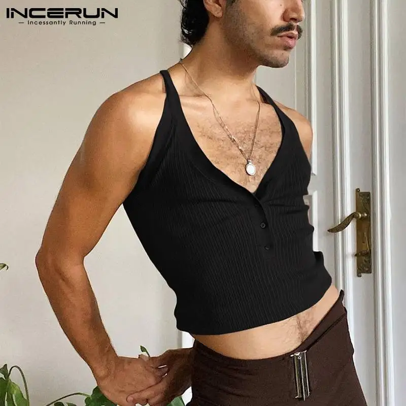 

INCERUN Fashion Men Tank Tops Deep V Neck Sleeveless Sexy Streetwear 2022 Casual Vests Solid Color Breathable Men Clothing S-5XL