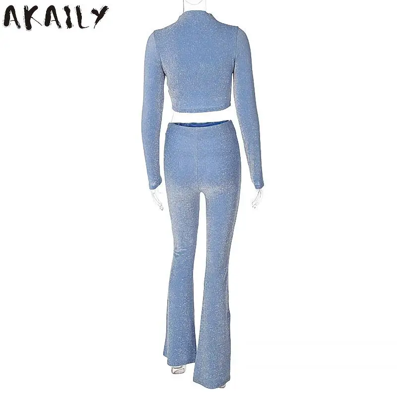 Akaily Autumn Street Sparkling 2 Two Piece Sets Women Outfits 2021 Long Sleeve Crop Top And Long Pants Sets Female Matching Sets images - 6