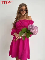 ttqv sexy pink womens dress 2022 bodycon slash neck long sleeve ruched mini dress ladies elegant slim cotton party dresses
