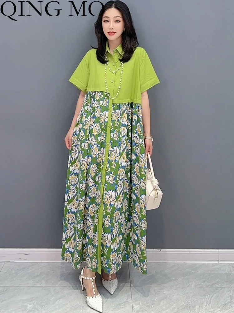 QING MO 2023 Summer New Korean Version Fashion Casual Green Women Dress Color Block Half Sleeve Female Dress ZXF2380