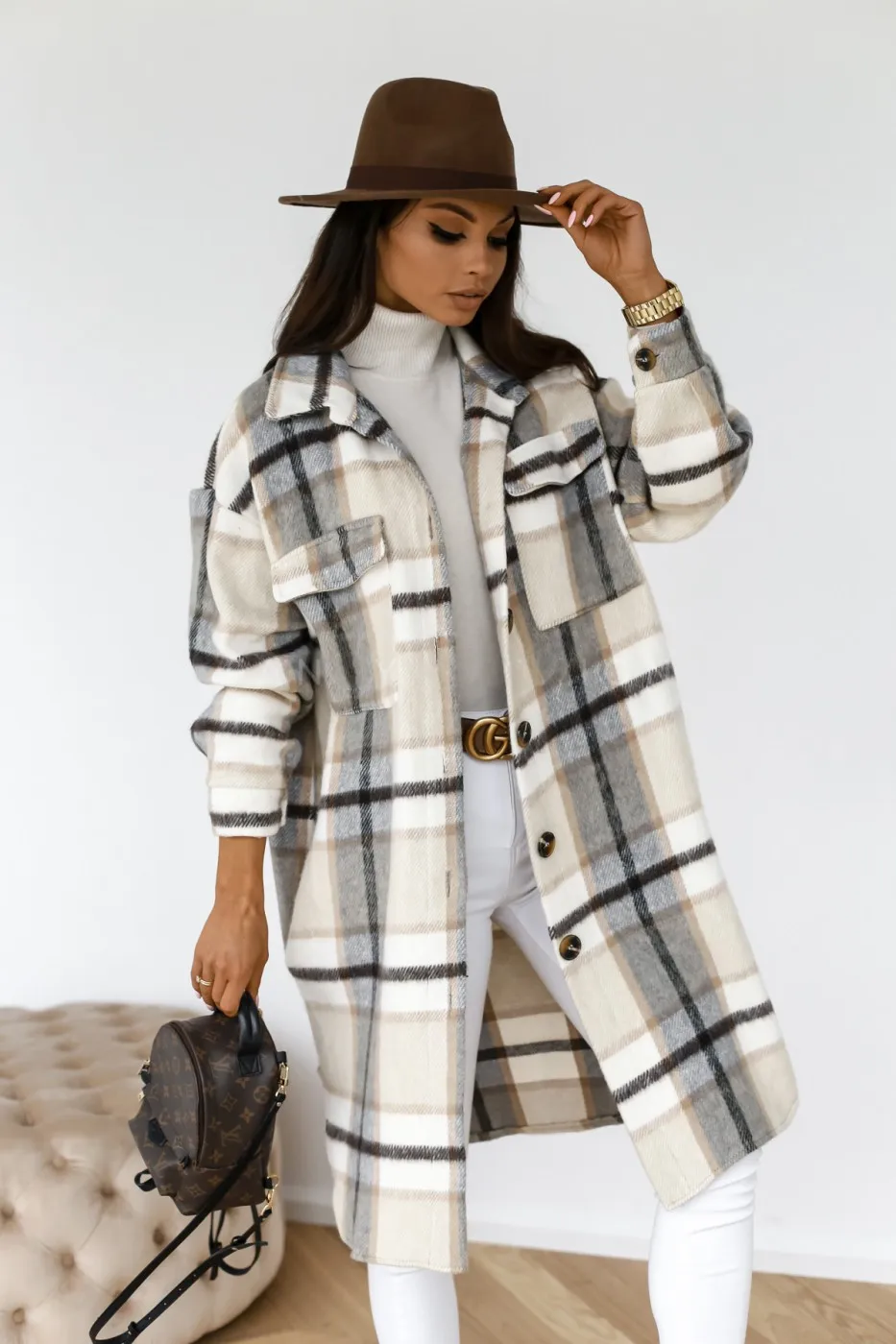 

2023 Winter Checked Women Jacket Down Overcoat Warm Plaid Long Coat Oversize Thick Woolen Blends Retro Female Casual Streetwear