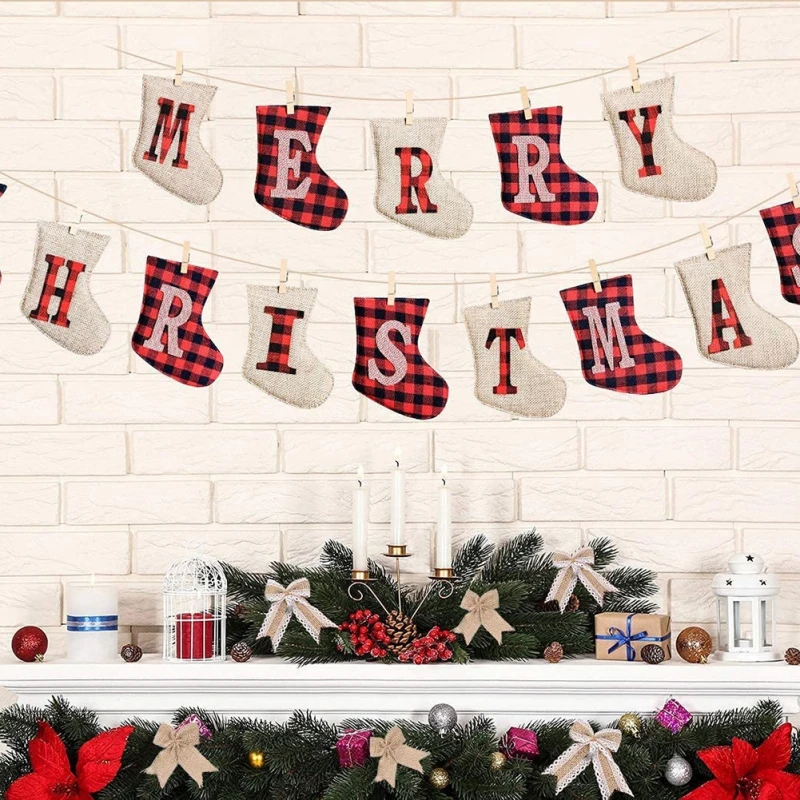 

Merry Christmas Burlap Banners Hand-stitched Christmas Decorations for Wall Window Tree Fireplace Decorated Christmas Ornaments