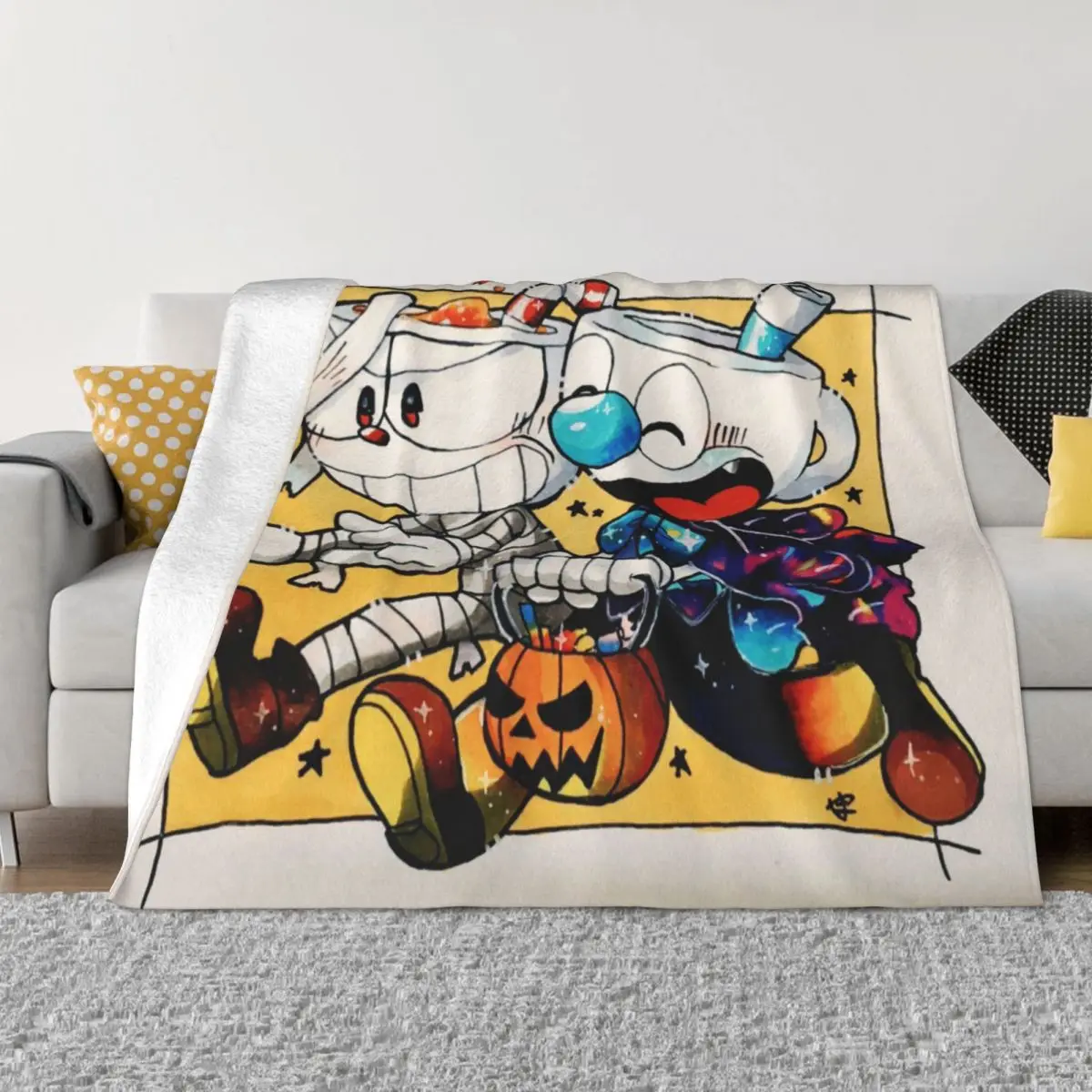 

Cuphead целлулоидное одеяло ручной работы анимация акустическая Джаз запись Фланелевое покрывало с тыквой удобное мягкое флисовое покрывало