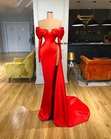 sexy red satin mermaid prom dresses off shoulder long sleeve high side split formal party gowns custom made vestidos de feista
