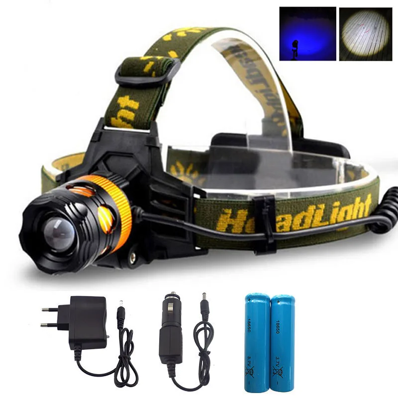 2way Waterproof  Head Light Headlamp 2 LEDs Headlight Blue Yellow Fishing Flashlight Torch Head Lamp + Charger + 18650 Battery
