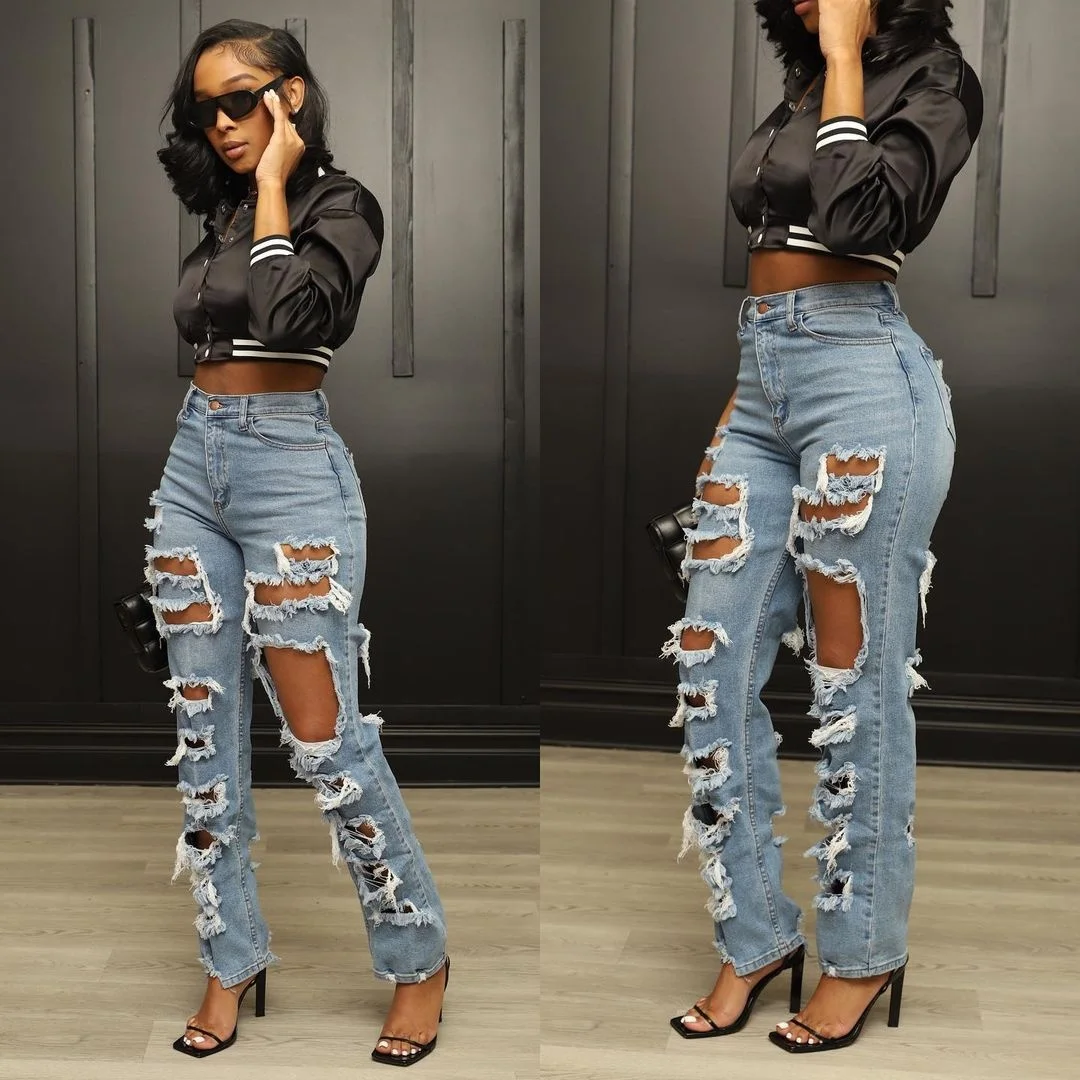 

Sexy Ripped Jeans Woman Baggy Women Denim Pants Holes Destroyed Broken Vintage Female Pants Trousers Distressed Designer Jeans