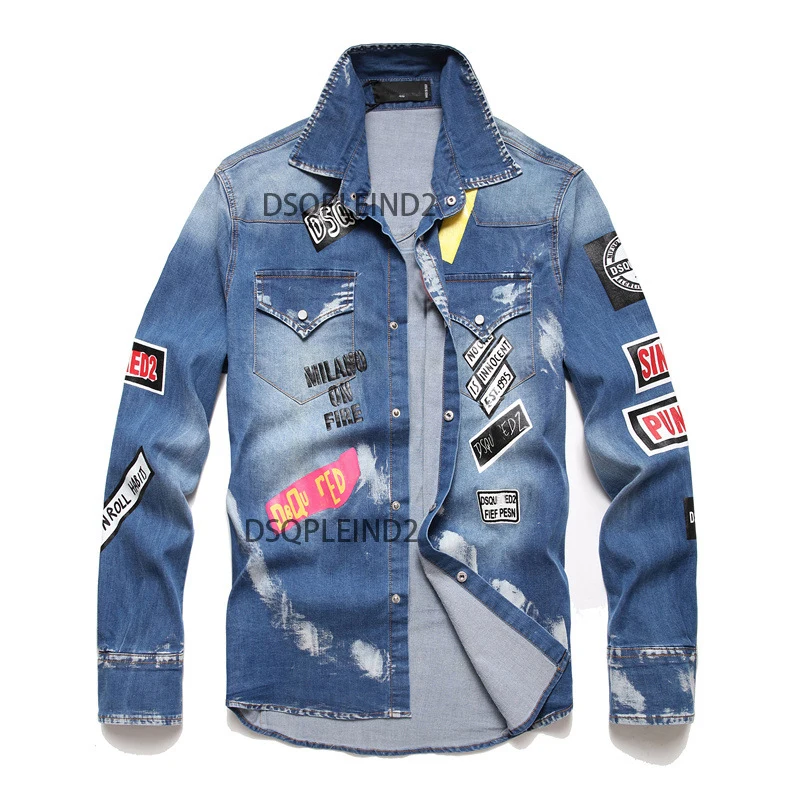 

Мужская джинсовая рубашка Dsqpleind2, мужские повседневные футболки с длинным рукавом, Дизайнерская куртка с ручной росписью, эластичная верхняя рубашка, пальто