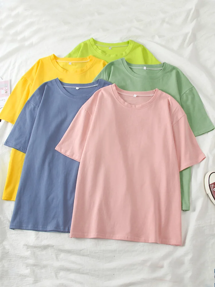 

harajuku Tee Shirt Solid Basic T Shirt Women Casual O-neck Harajuku Summer short sleeve loose Tops Korean black White T-shirt