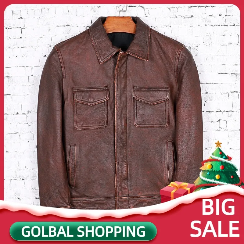 

2021 Vintage Brown Genuine Leather Jacket Men Casual Style Double Pockets Plus Size 5XL Real Cowhide Autumn Slim Fit Male Coat