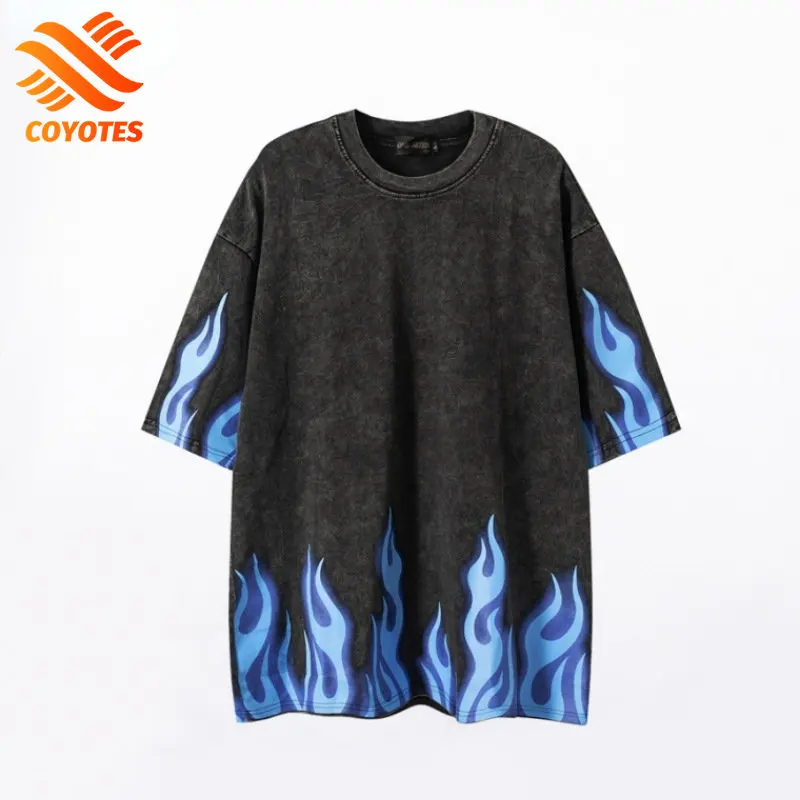

COYOTES Hip Hop Washed Black T-Shirt Men Blue Fire Flame Printing Graphic T-Shirts Cotton Short Sleeve Summer Tops Tees