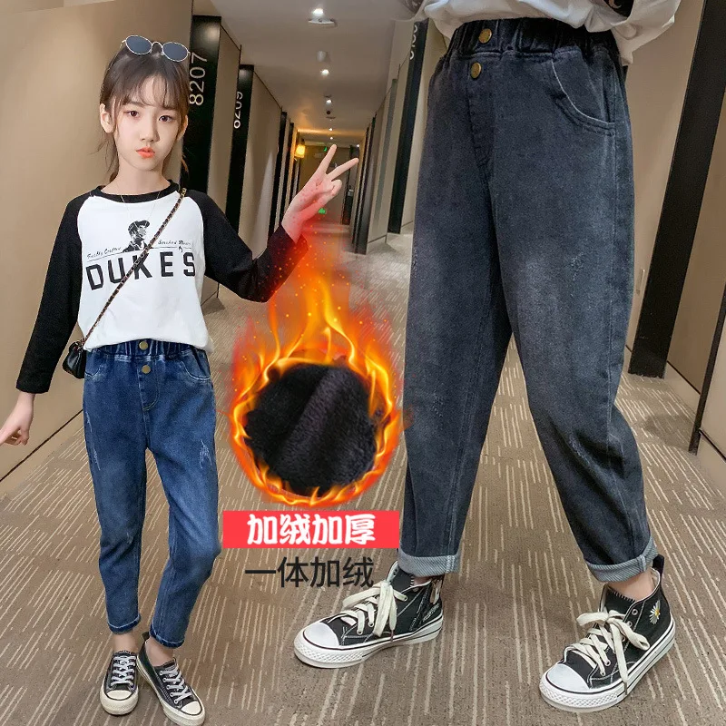 

Осенне-зимние плотные теплые флисовые джинсы для девочек прямые брюки на пуговицах для подростков детей повседневные детские джинсовые бр...