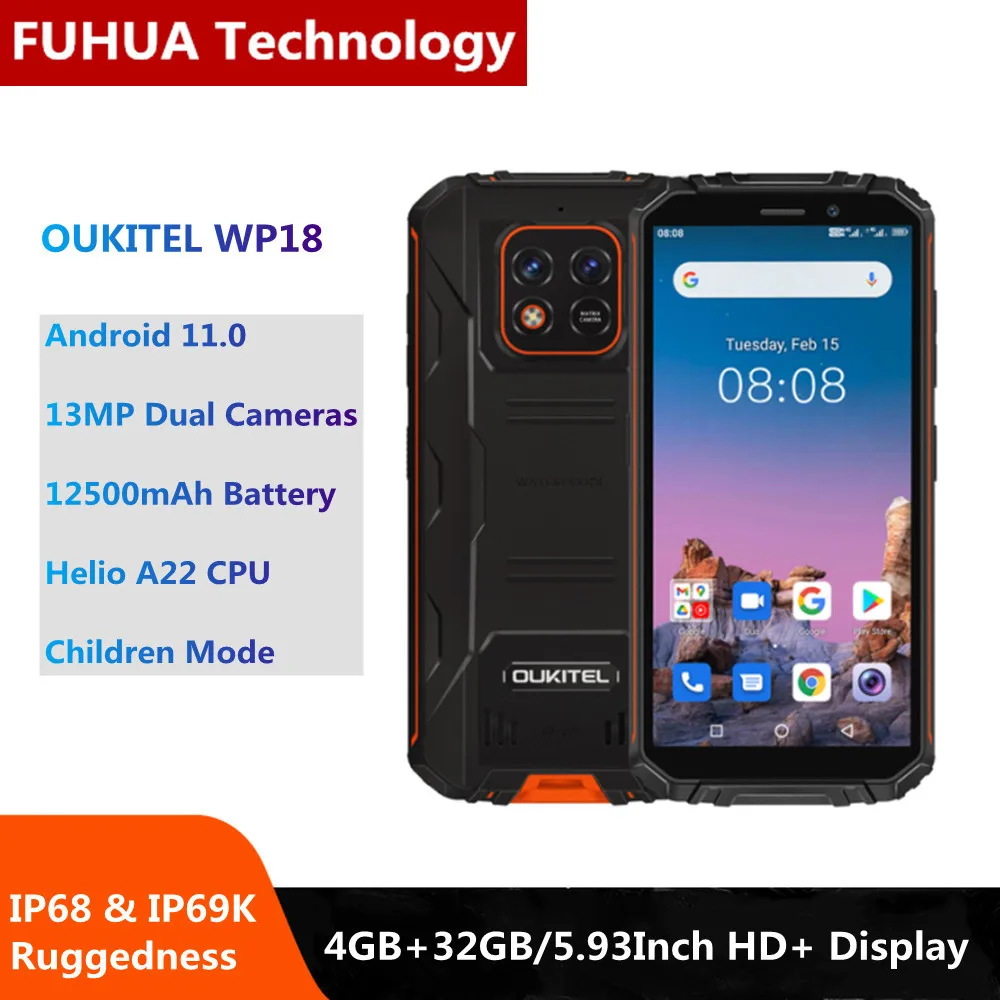 

Смартфон Oukitel WP18, 5,93 дюйма, 4 + 32 ГБ, 12500 мАч, Android 11