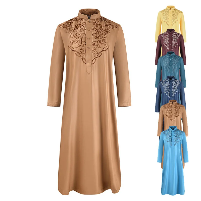 Abaya For Men Arabic Islamic Pakistan Men Robe Loose Spring And Summer New Solid Color Embroidery Muslim Long Sleeve Robe