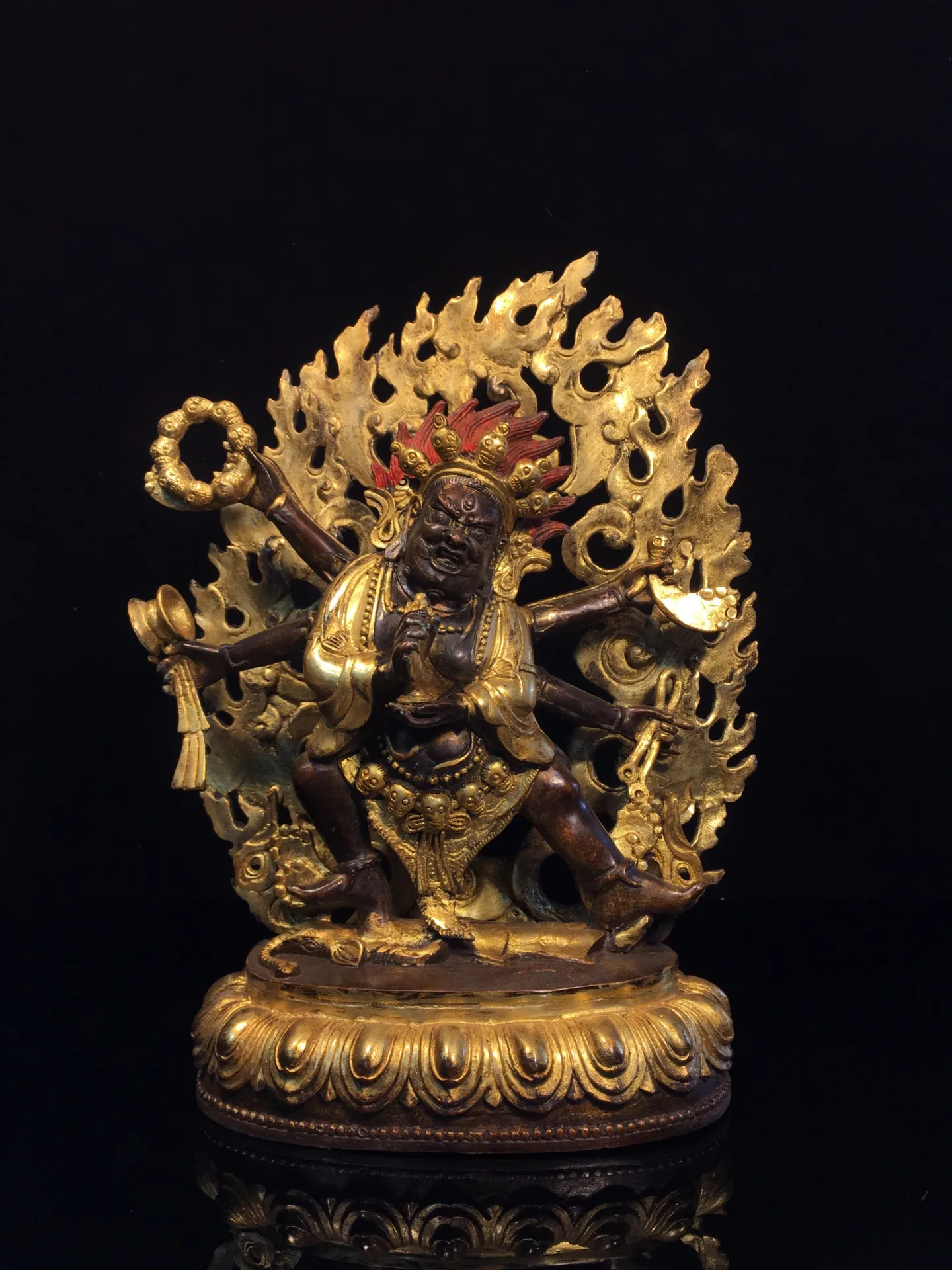 

12"Tibet Temple Collection Old Bronze Gilded Cinnabar Six arm Mahakala Buddha Backlit Lotus Stage Worship Hall Town house
