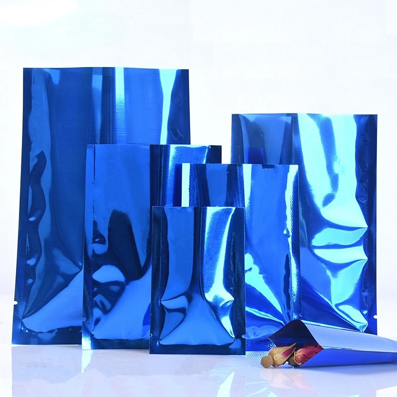 100pcs Open Top Glossy Blue Aluminum Foil Bag Herbal Medicine Powder Chocolate Shampoo Trial Heat Sealing Storage Pouches