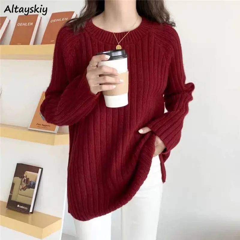 

Women Pullovers Retro Chic Korean Style All-match Fashion O-neck Leisure Solid Females Daily Basic Asymmetrical Sweaters Popular