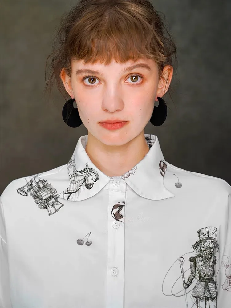 Женская рубашка/блузка из хлопка белая Свободная с круглым вырезом и