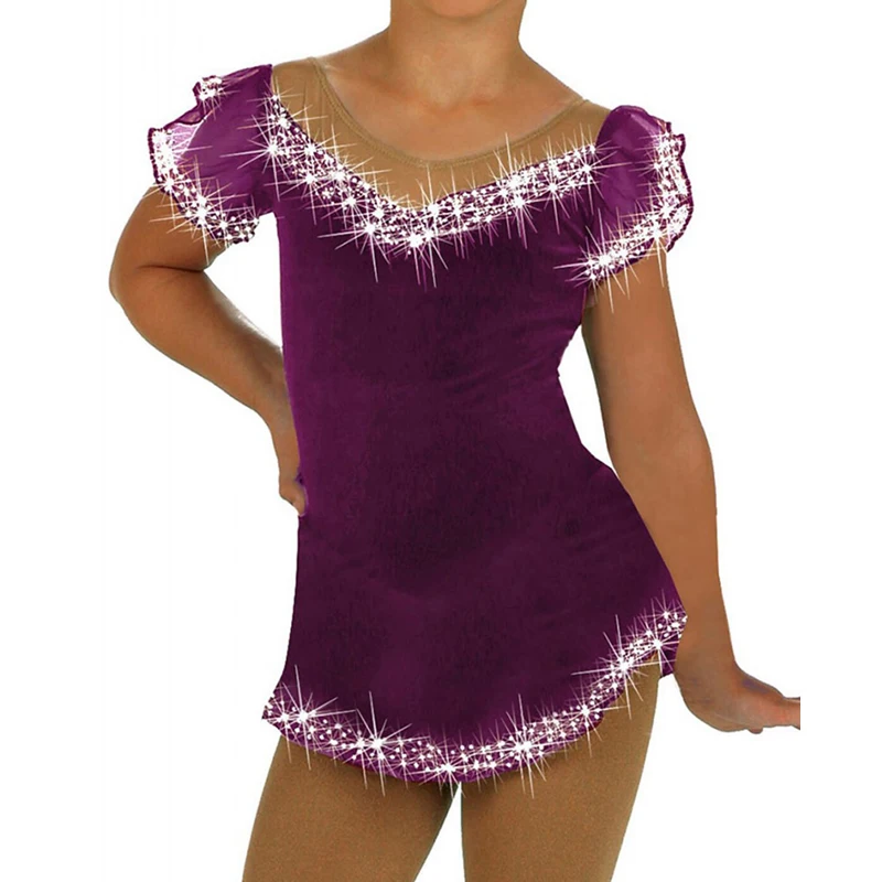 

Kids Adult Purple Sparkly Figure Skating Dress Outfits Spandex Short Sleeve Rhinestone Girls Ballet Dancewear Gymnastics Leotard