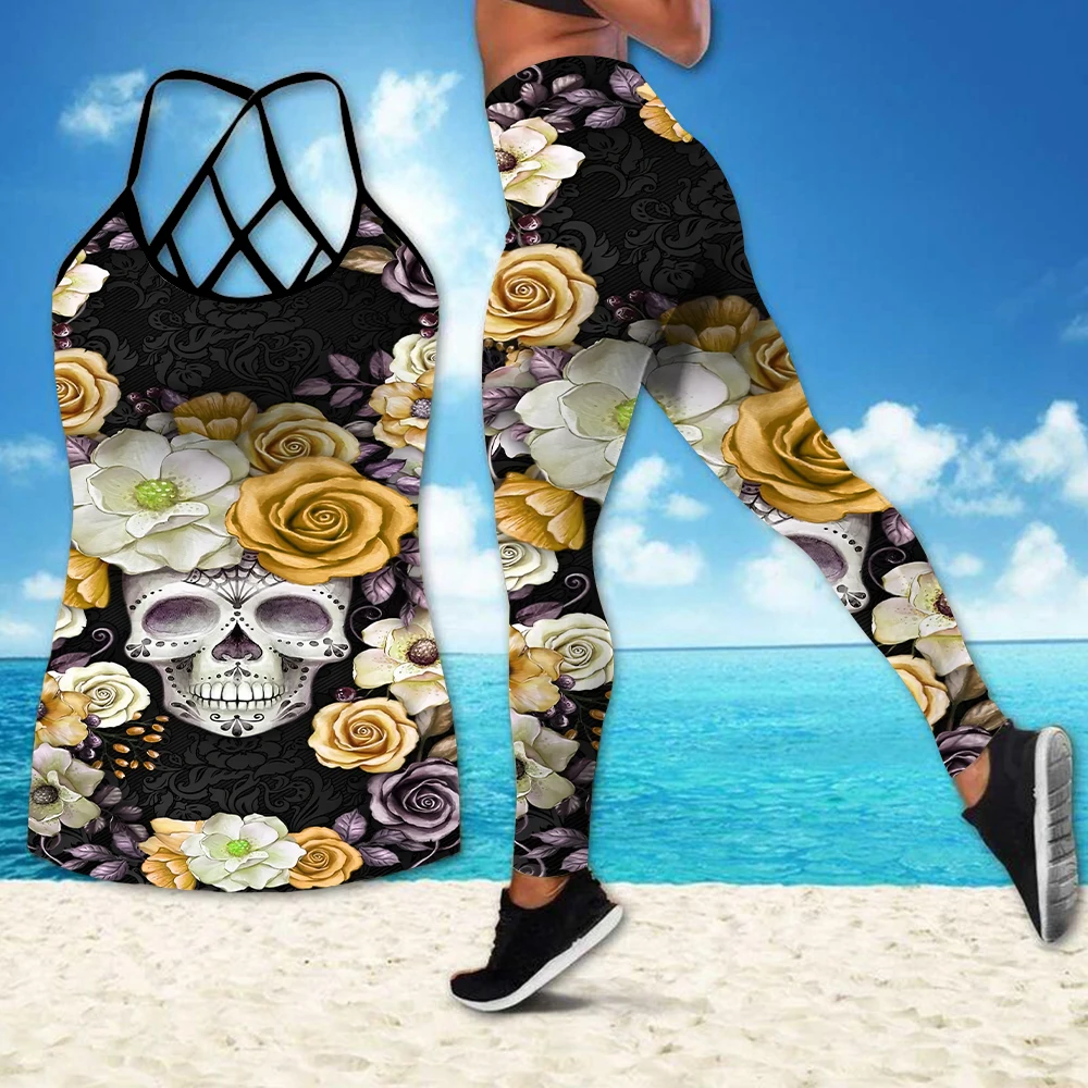 

Summer Yoga Set Womens Skull Print Tank Top and Legging Yoga Suit Running Fitness Gym Workout Clothes for Women Sport Suits