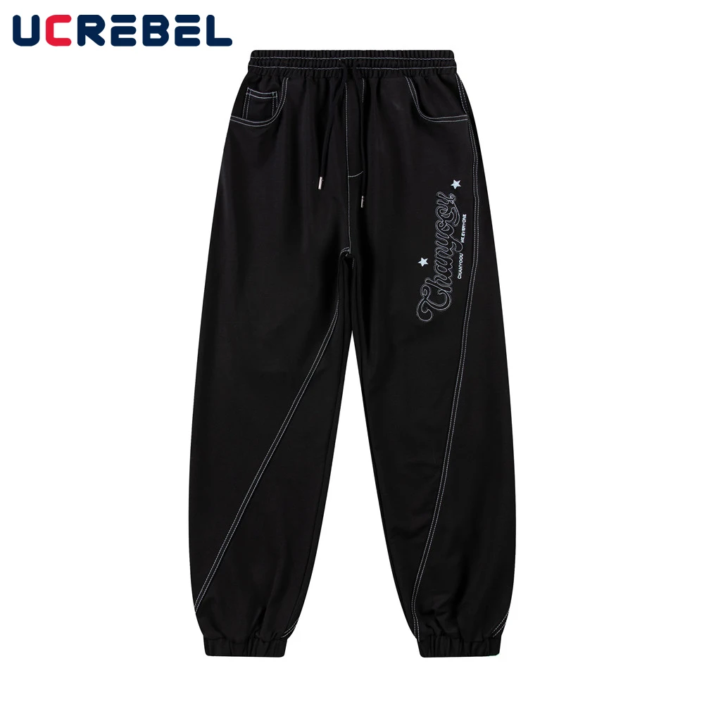 

Letter Embroidery Jogger Pants Mens Streetwear Patchwork Casual Pants High Street Elastic Waist Loose Trousers Men