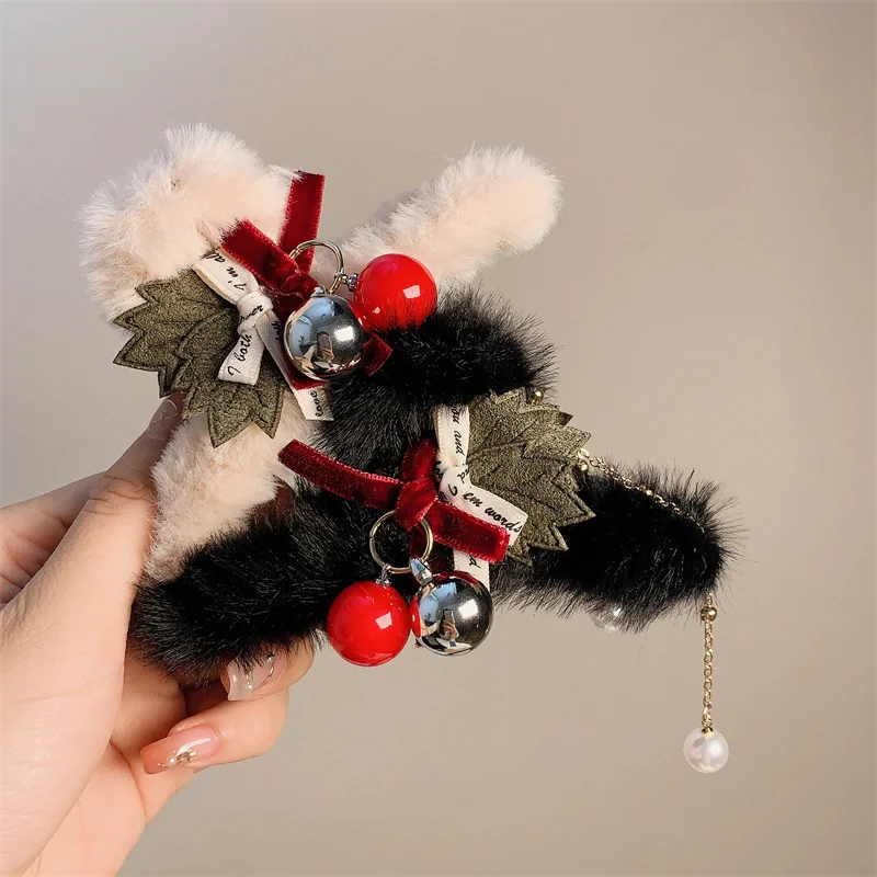 

New Fashion Christmas Plush Hair Claw Female Winter Large Bow Pearl Tassel Hair Clip Headwear Hair Clamp Hair Accessories Gifts