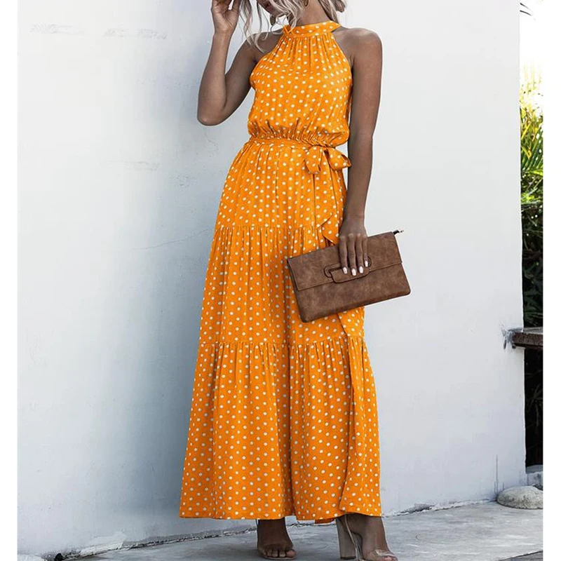 

Summer Beach Long Dress Women Print Flowers Polka-Dot Strap Ladies Halter Boho Dress Orange