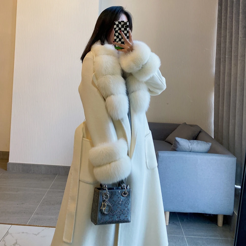 Women Winter Real Fur Coat X-long Woolen Jacket Cashmere Wool Blends Luxury Overcoat Belt Natural Fox Fur Collar Cuff Streetwear enlarge
