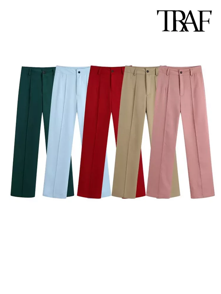 

TRAF Women Fashion With Darts Office Wear Straight Pants Vintage High Waist Zipper Fly Female Trousers Mujer