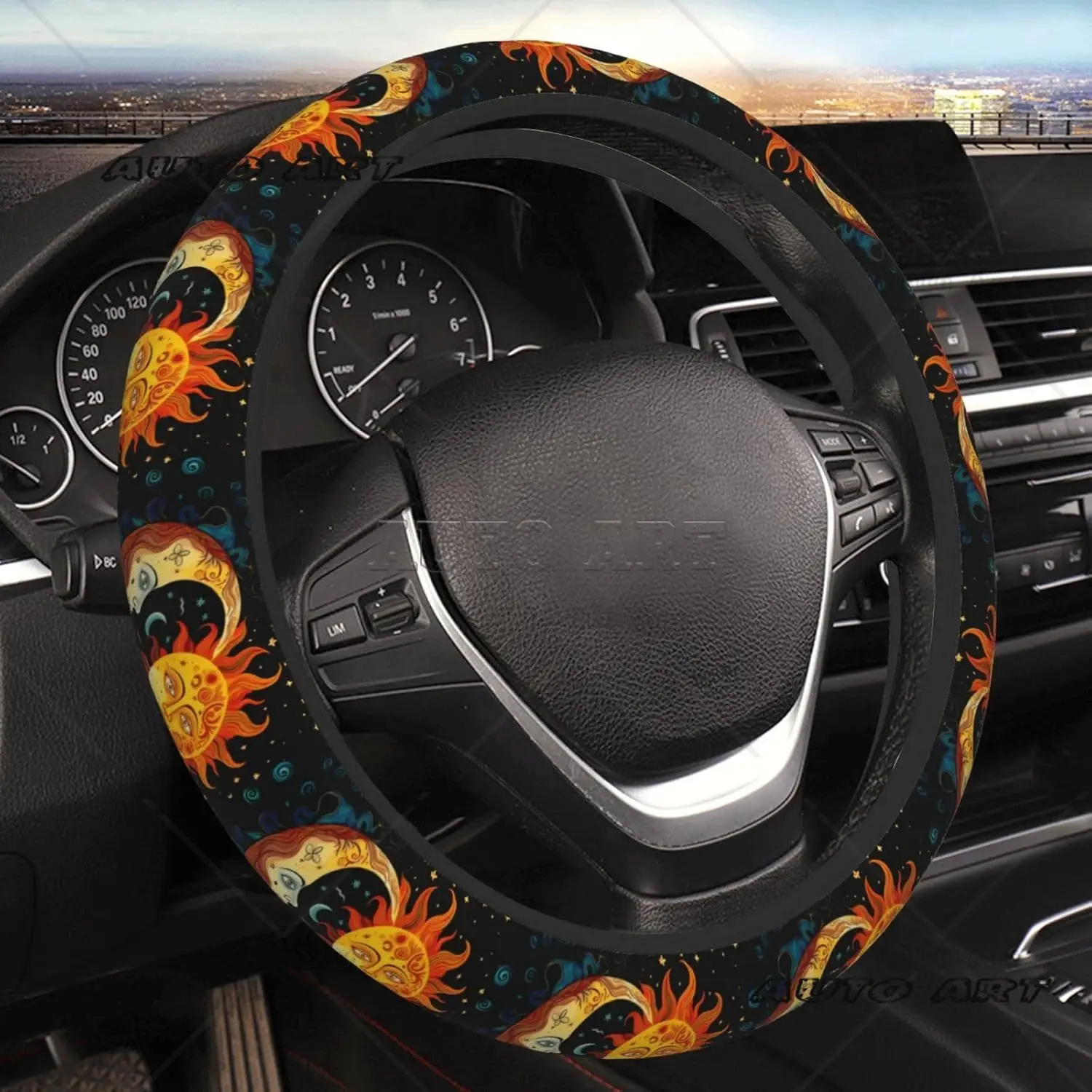 Boho Sun Moon Stars Steering Wheel Cover Comfortable Elastic Car Fit 15 inches Universal Accessories Decor