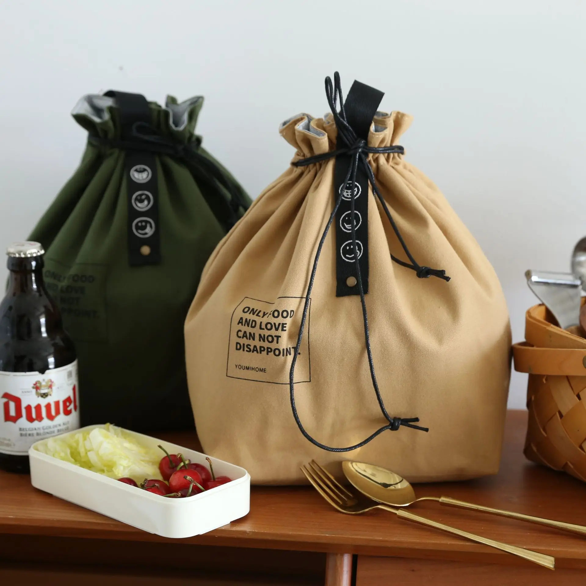 

New Simple Strap Weaving Insulation Meal Bag with Japanese Cotton and Hemp Industrial Wind Canvas Picnic Convenience Bag