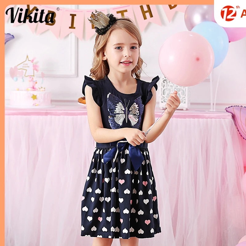 VIKITA Kids Princess Dresses for Girls Children Sequined Dress Butterfly Toddlers Cotton Casual Vestidos | Детская одежда и обувь