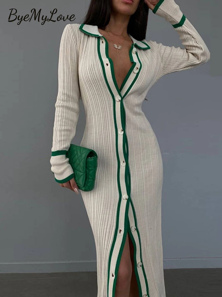 

Женское трикотажное платье макси ByeMyLove, облегающее лоскутное платье с отложным воротником, пуговицами и длинным рукавом