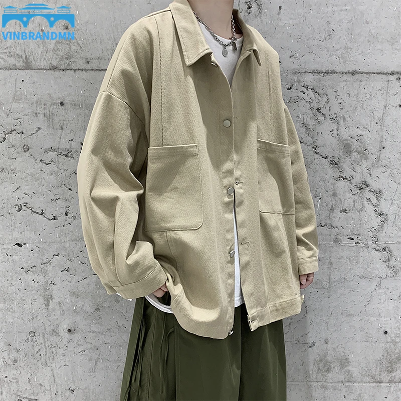 

Мужская однобортная джинсовая куртка, Свободная рабочая куртка в Корейском стиле, однотонная осенняя куртка для пар, большие размеры, 2022