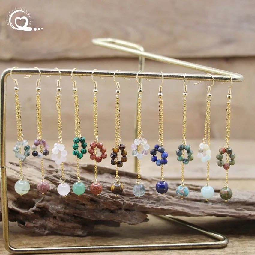 

Small Size Gemstone Dangle Earring 4mm Faceted Crystal Beads Bohemia Long Ear Pendant Colorful Sunmer Jewelry For Women QC7055
