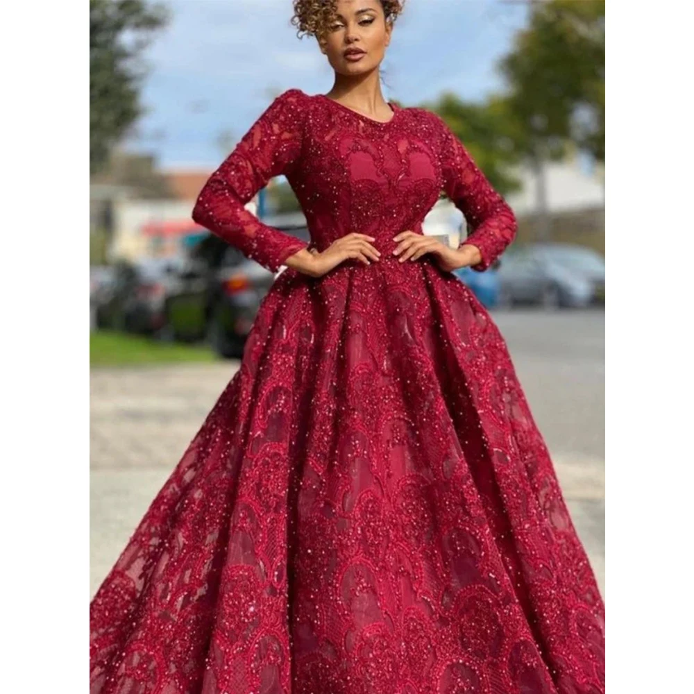 

Женское платье с кружевной аппликацией, красное ТРАПЕЦИЕВИДНОЕ ПЛАТЬЕ С Круглым Вырезом для выпускного вечера, роскошное официальное платье с длинным рукавом, 2023
