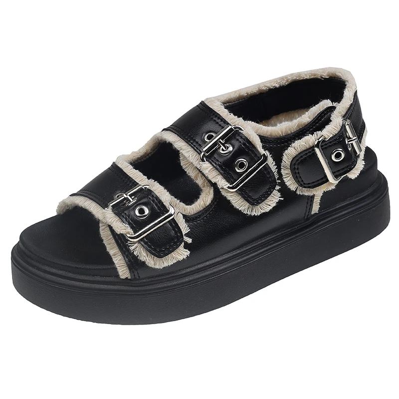 Genuine Leather Fashionable Raw Edge Buckle Sandals 2023 Summer New Thick Sole Leather Outwear Beach Shoes