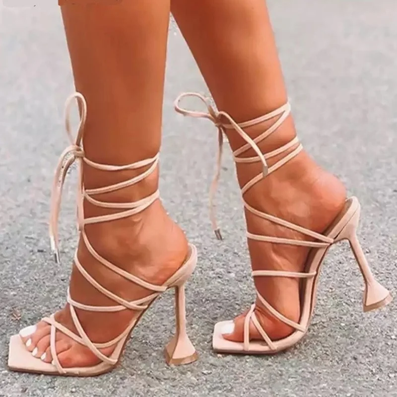 

2022 Plus Size Summer Sexy Lace Up Women Sandals Square Toe Spike Heel Cross Tied Party Shoes High Heels Pumps Zapatillas Mujer