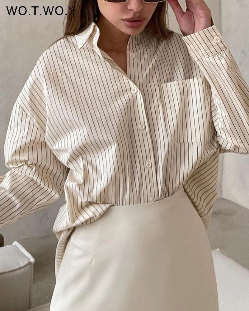 

Женская Повседневная рубашка с пуговицами WOTWOY, Весенняя универсальная рубашка в полоску с длинными рукавами и карманами