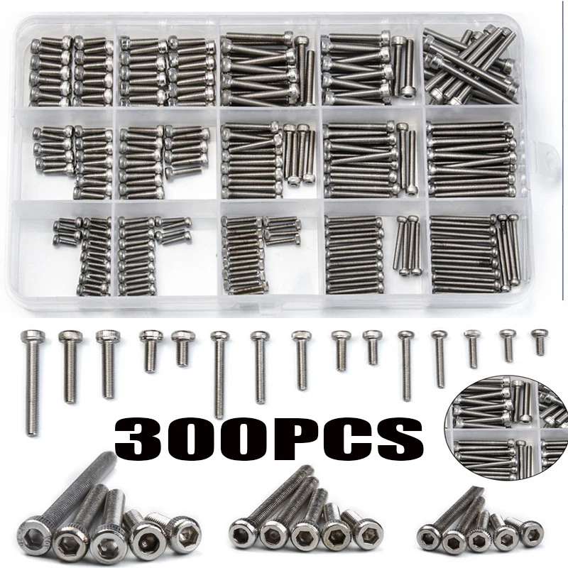 

300PCS Stainless Steel Socket Head Cap Screws M2/M2.5/M3 Hexagon Hex Round Head Screw Bolt Fastener Accessories