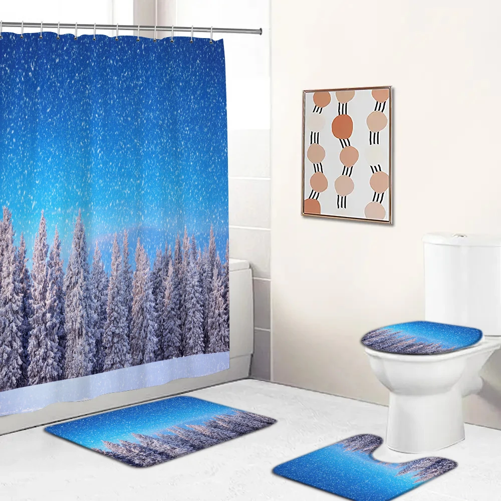 

Winter Cedar Snowflake Christmas Bathroom Set Shower Curtain Waterproof Bath Curtains Anti-skid Rugs Toilet Cover Bath Mat