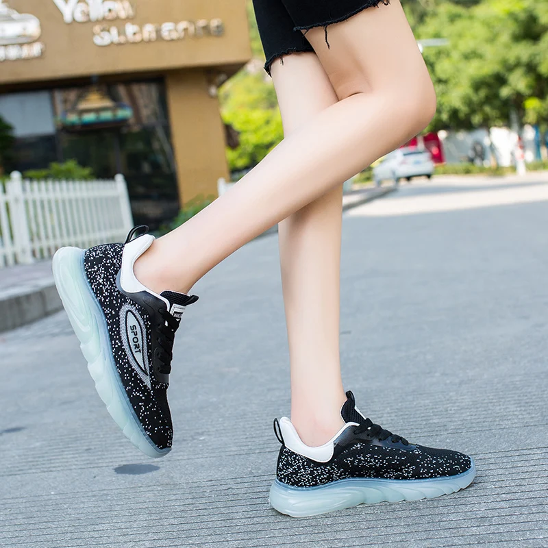 Women Sneakers Fashion Frenulum Casual Shoes 2021 Platform Flying Weave Ladies Luminous Comfortable Lightweight Green Footwear