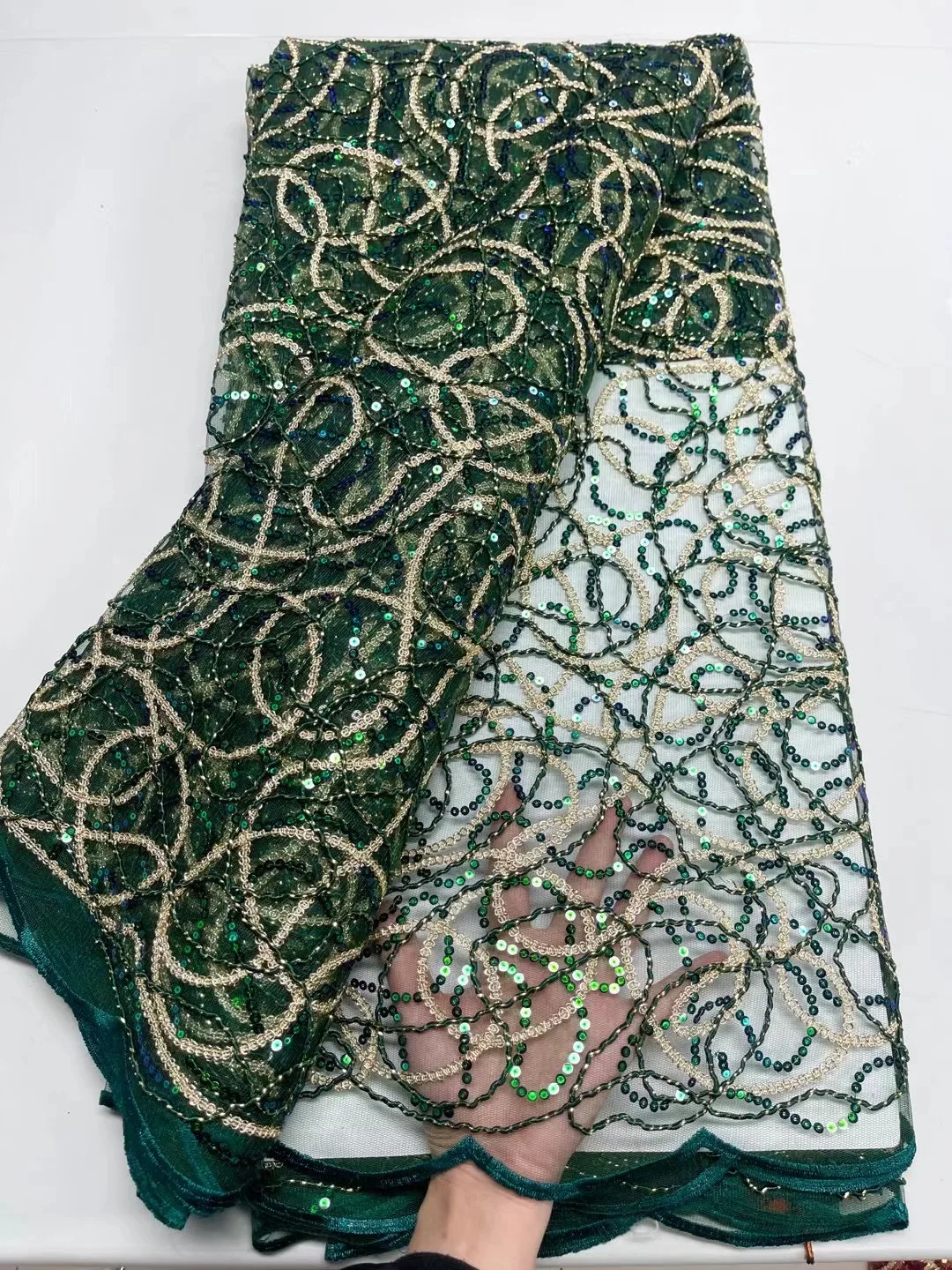

Зеленая африканская Тюлевая Кружевная Ткань 5 ярдов, французская Вышивка высокого качества, сетка с блестками, кружевная ткань для свадебного платья