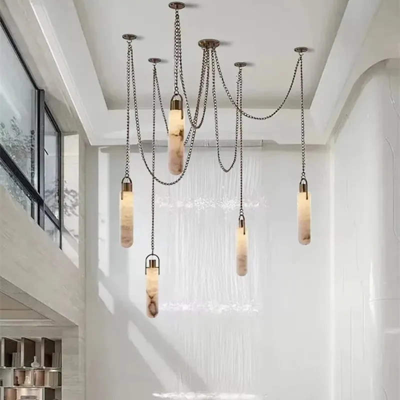 Фото Мраморная люстра-подвеска Multi Light из латуни и алебастра, дизайнерская, для гостиной, столовой, лофта, лестницы №2