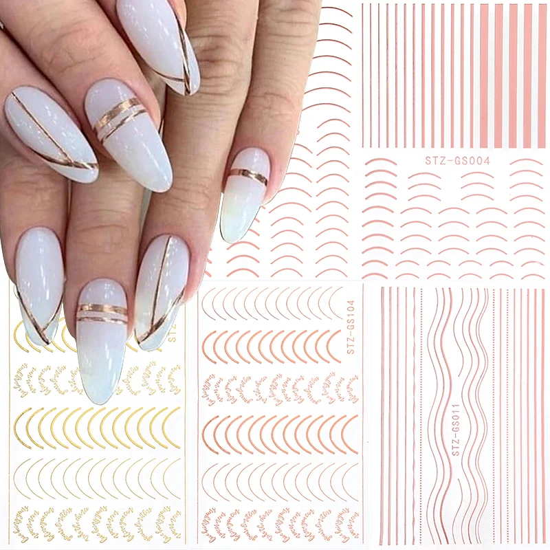 

3D Gold Lines Nail Stickers Rose Gold Metal Stripe Decals Curve DIY Self Adhesive Slider Papers Nail Art Decorations Manicures