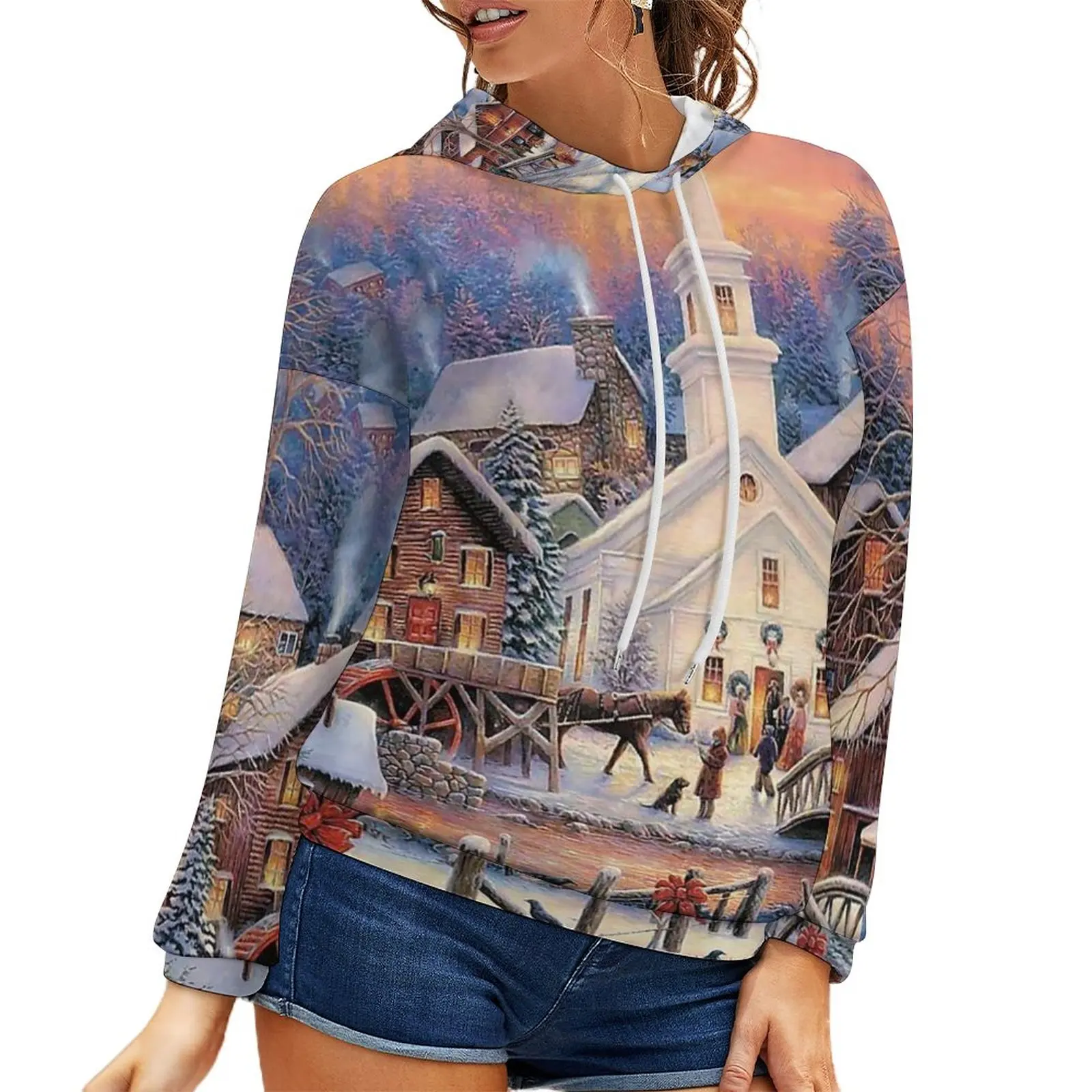 

Свитер женский с капюшоном, свитер с цифровым принтом в рождественском стиле, с открытыми плечами, модная одежда больших размеров, весна-осе...