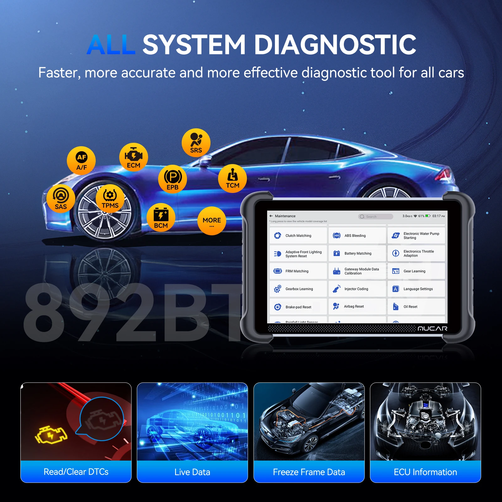 Фото Диагностический сканер MUCAR 892BT Global Version для автомобилей OBD2 с поддержкой DOIP, CANFD, двунаправленным кодированием ЭБУ, 35 функциями сброса и пожизненным бесплатным обновлением. №4